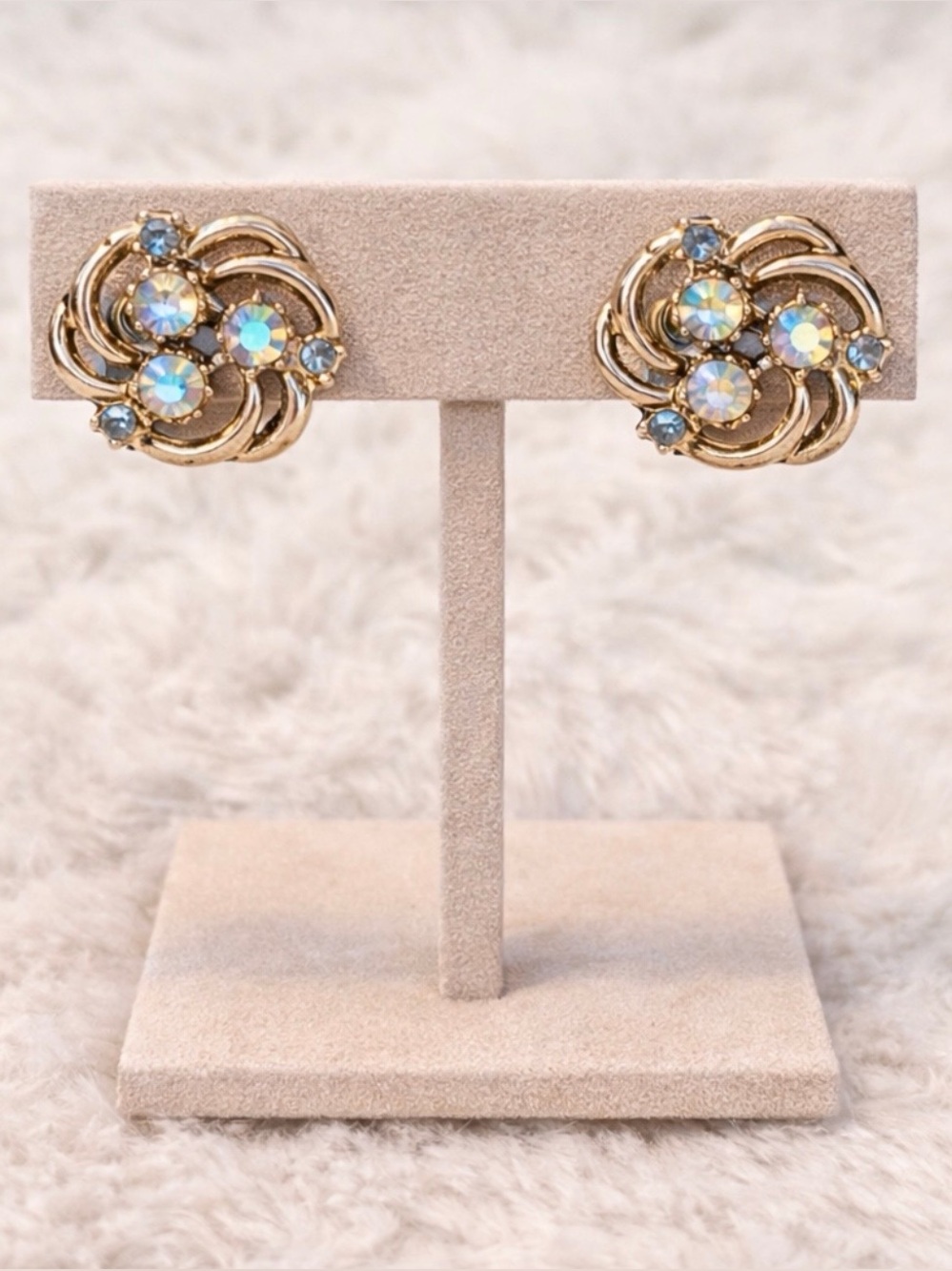 Vintage AB Rhinestone Clip On Earrings Gold Tone Cluster Retro